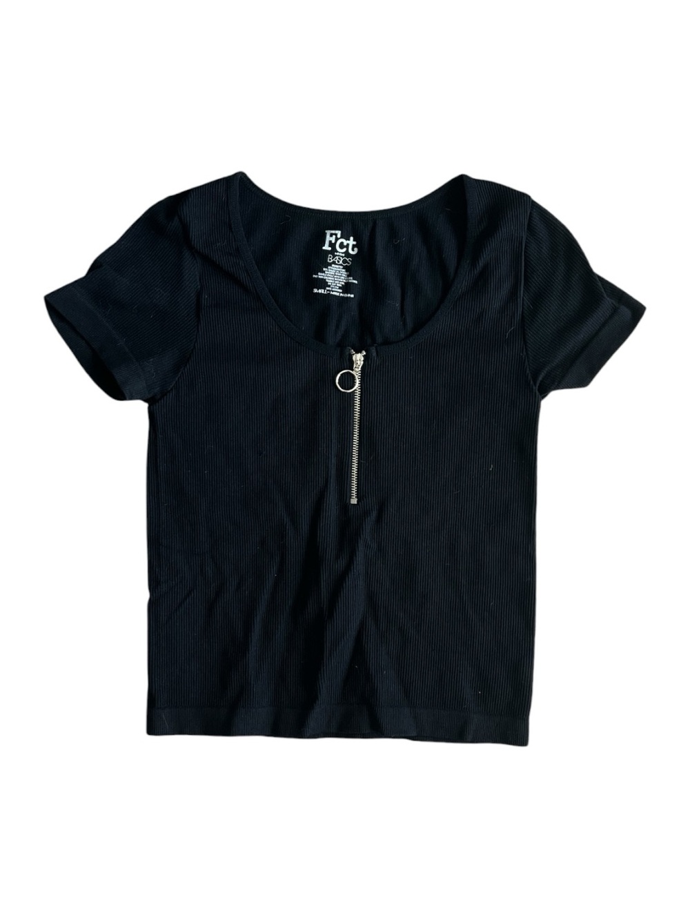 Fct Black Ribbed Zip-Front Crop Tee Size Small